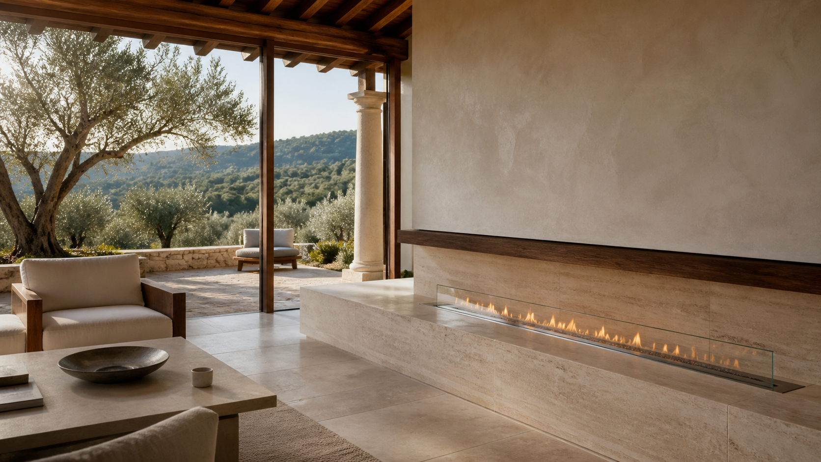 Linear fireplace in an Italian villa loggia