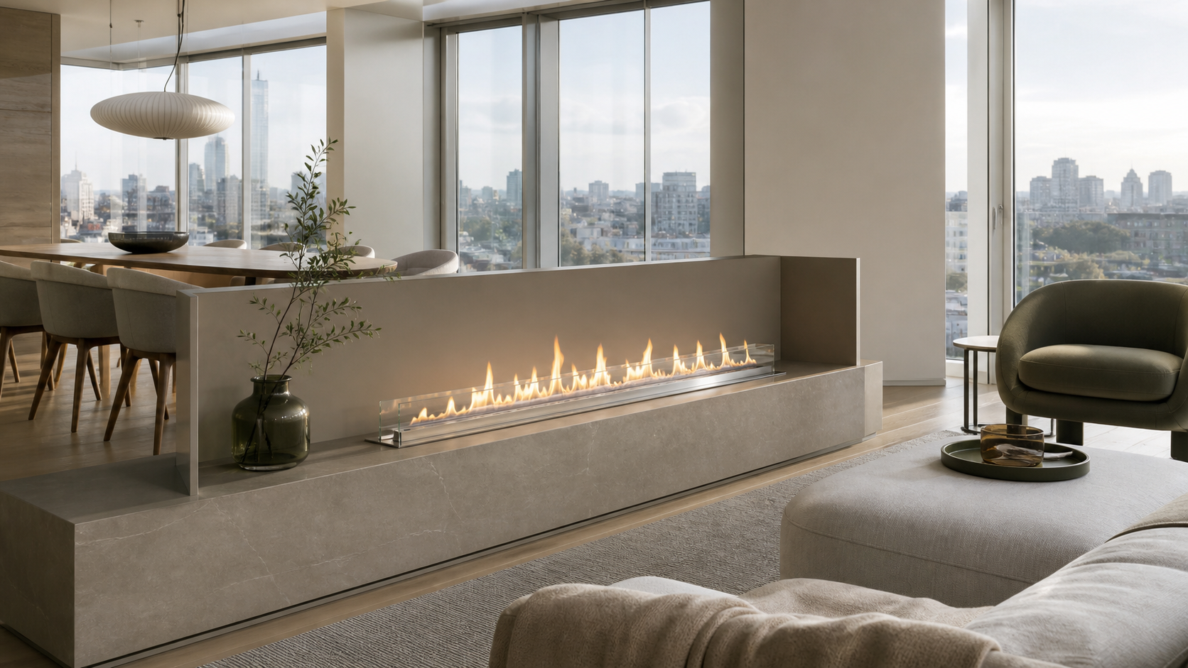 Linear fireplace in a large open-plan apartment