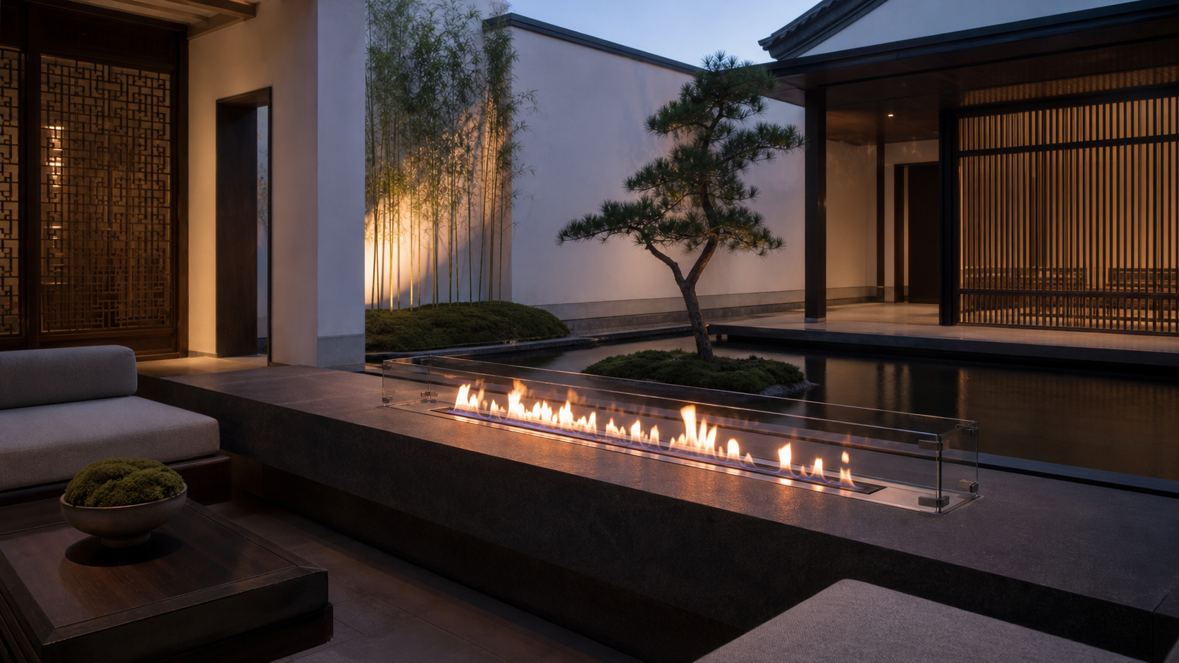 Linear fireplace in a Jiangnan courtyard