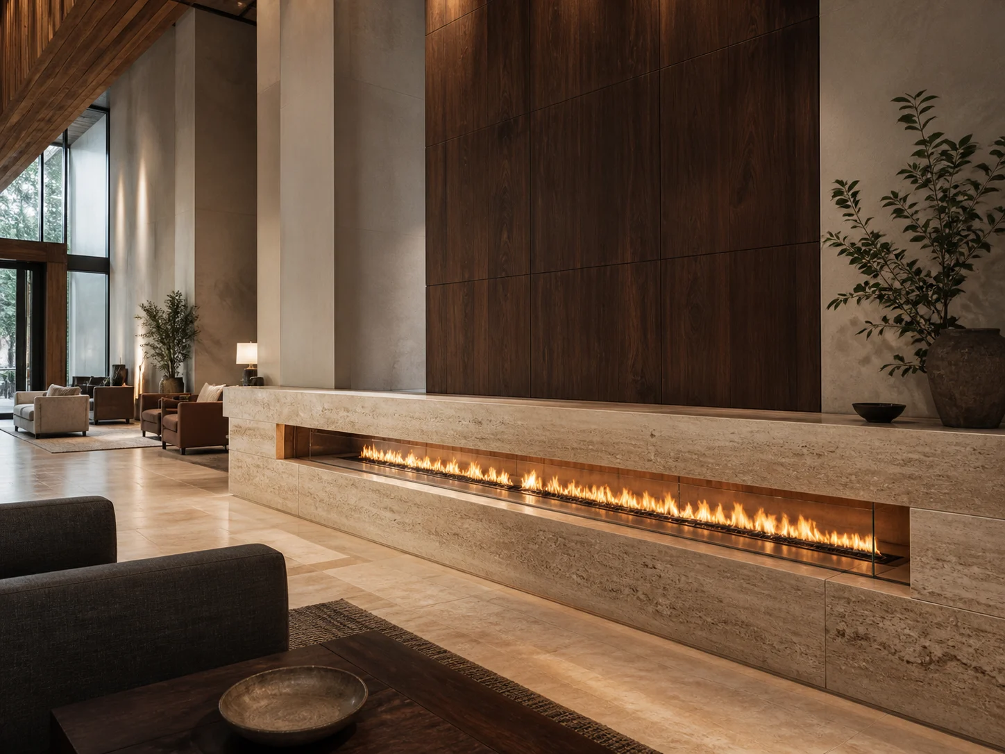 Built-in linear ethanol fire system in a luxury hospitality interior