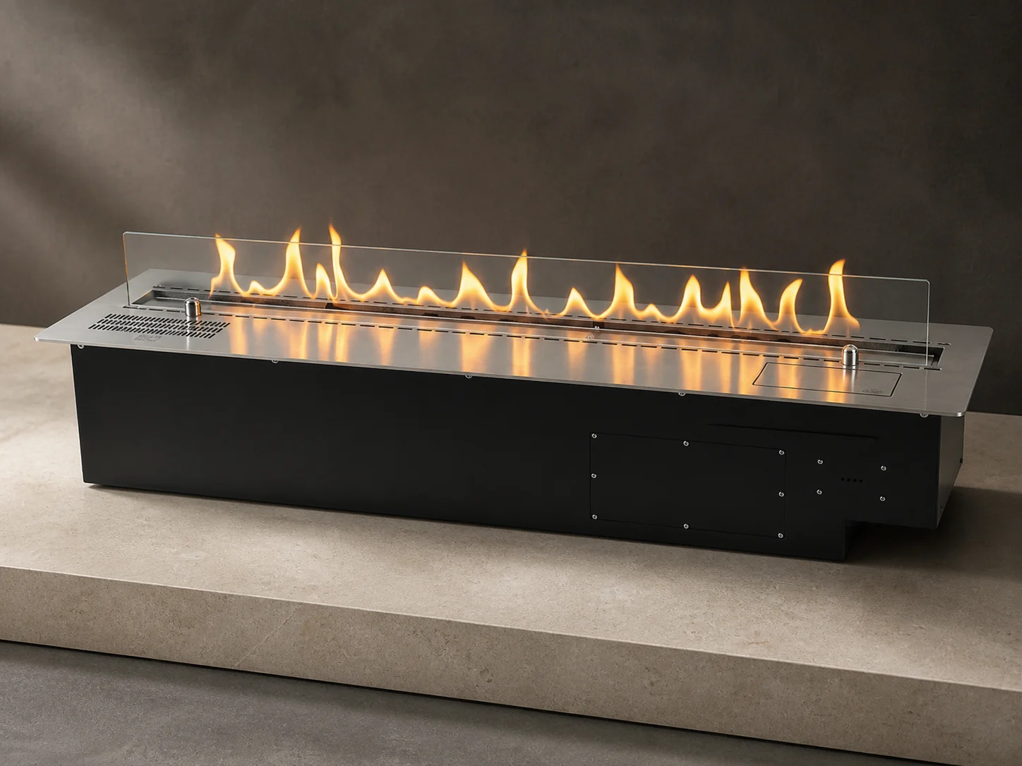 KT intelligent adjustable-flame fireplace with black body, stainless top and glass guard