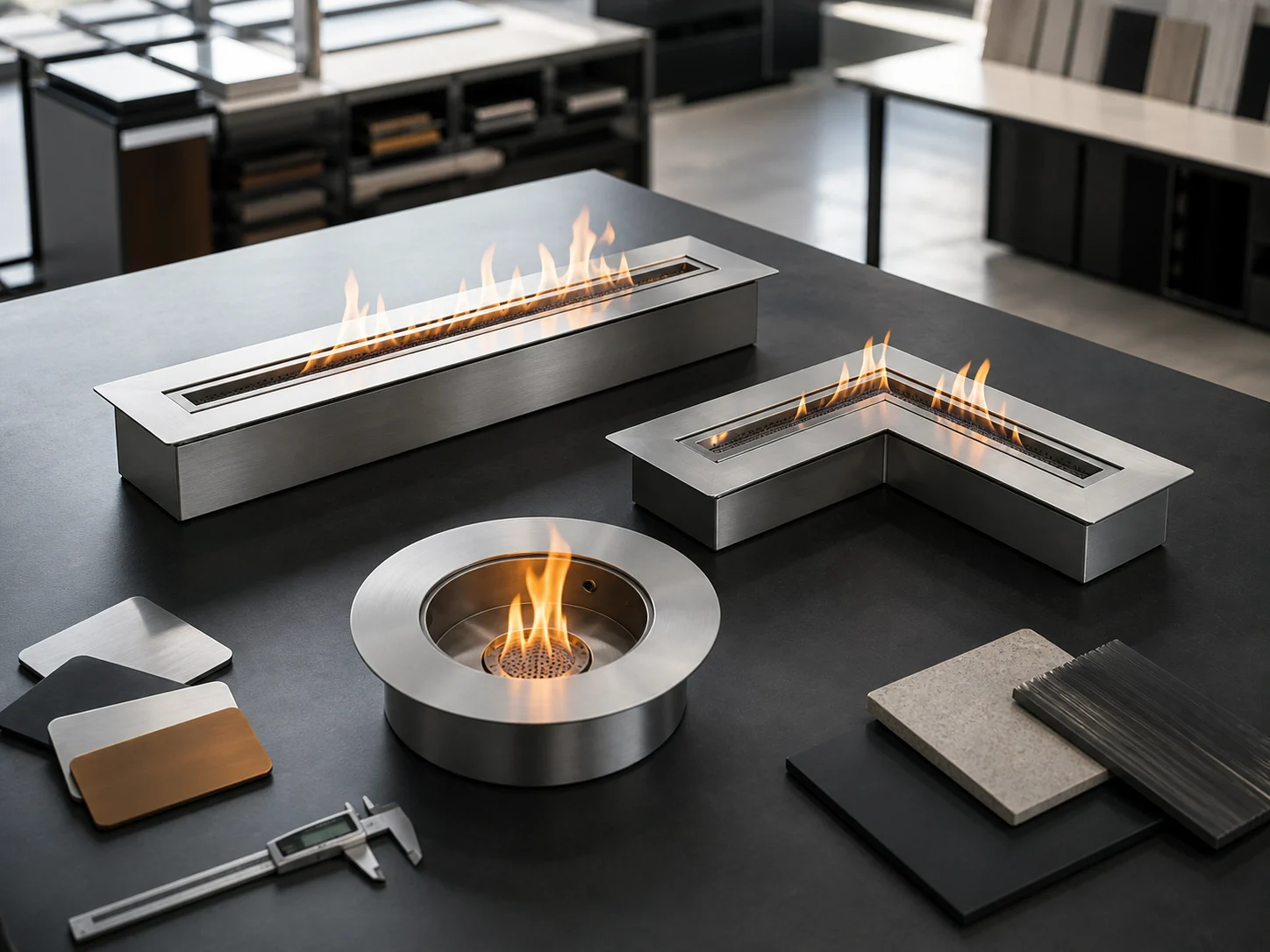 Configurable linear, L-shaped and round ethanol burner modules