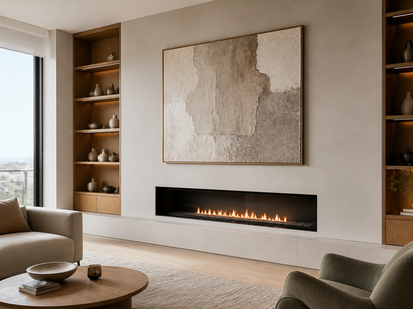 Intelligent ethanol fireplace in an architectural interior