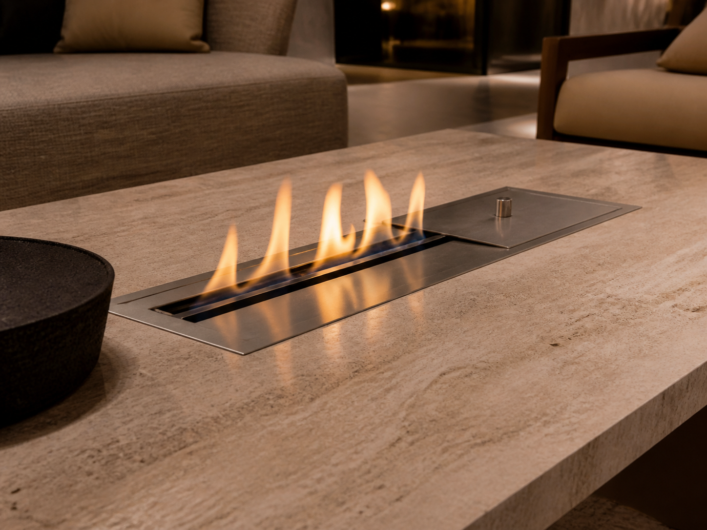 Manual linear stainless-steel ethanol burner with sliding lid