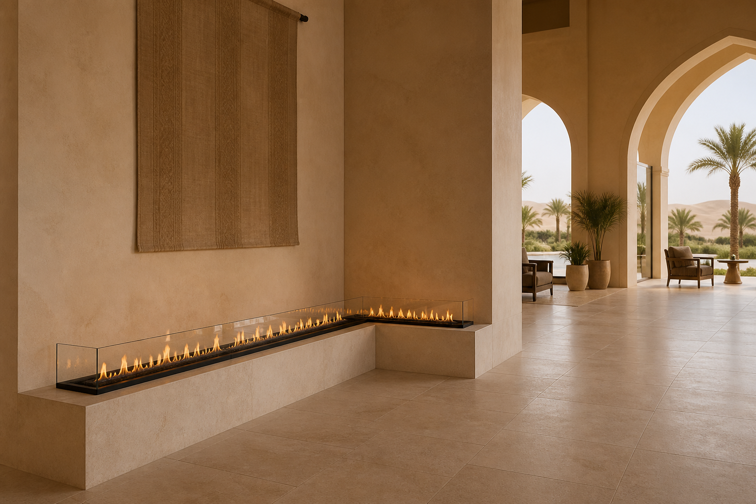 Custom L-shaped ethanol fireplace in a desert hotel lobby