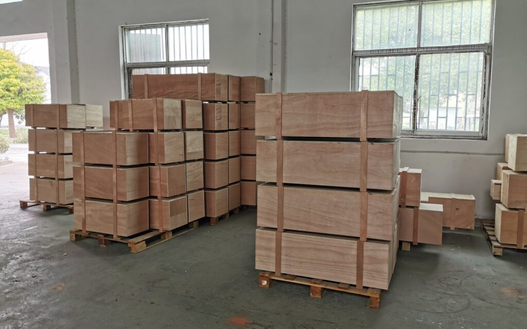 Wooden export cases prepared for SXFireplace fireplace shipments
