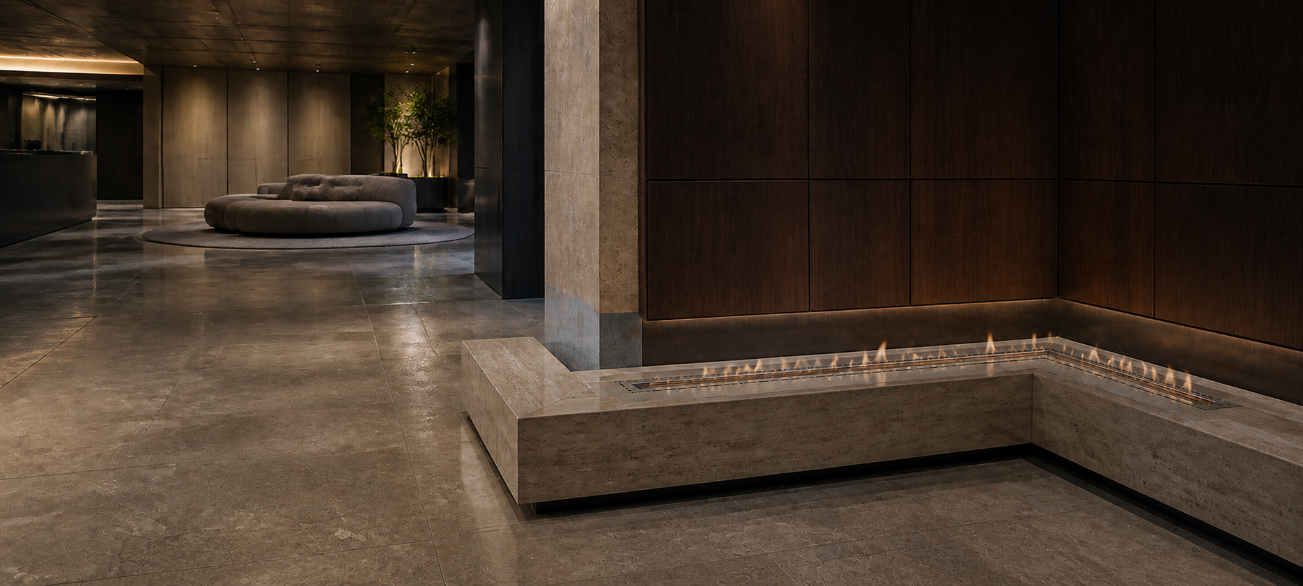 L-shaped ethanol fireplace integrated into a hotel lobby