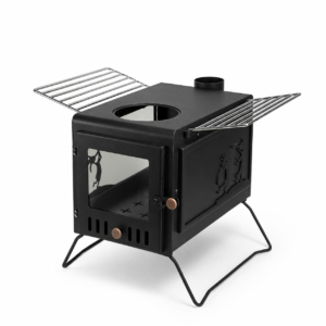SXFireplace 07402 camping wood stove with side shelves on white background
