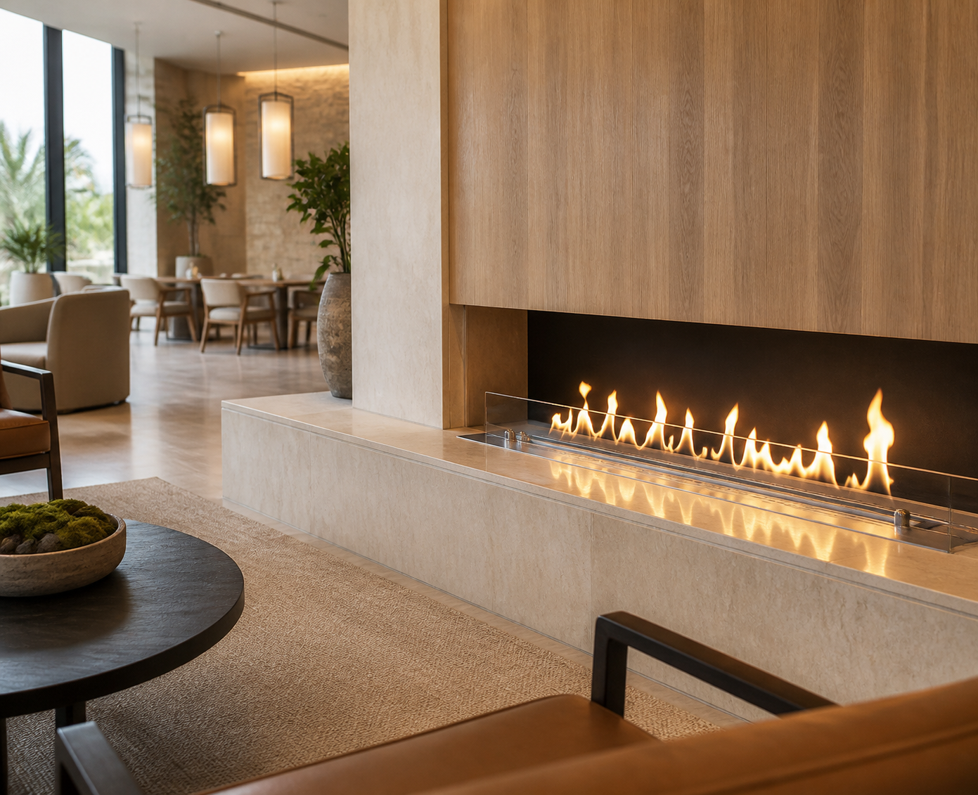 Modern lounge featuring an integrated ethanol fireplace