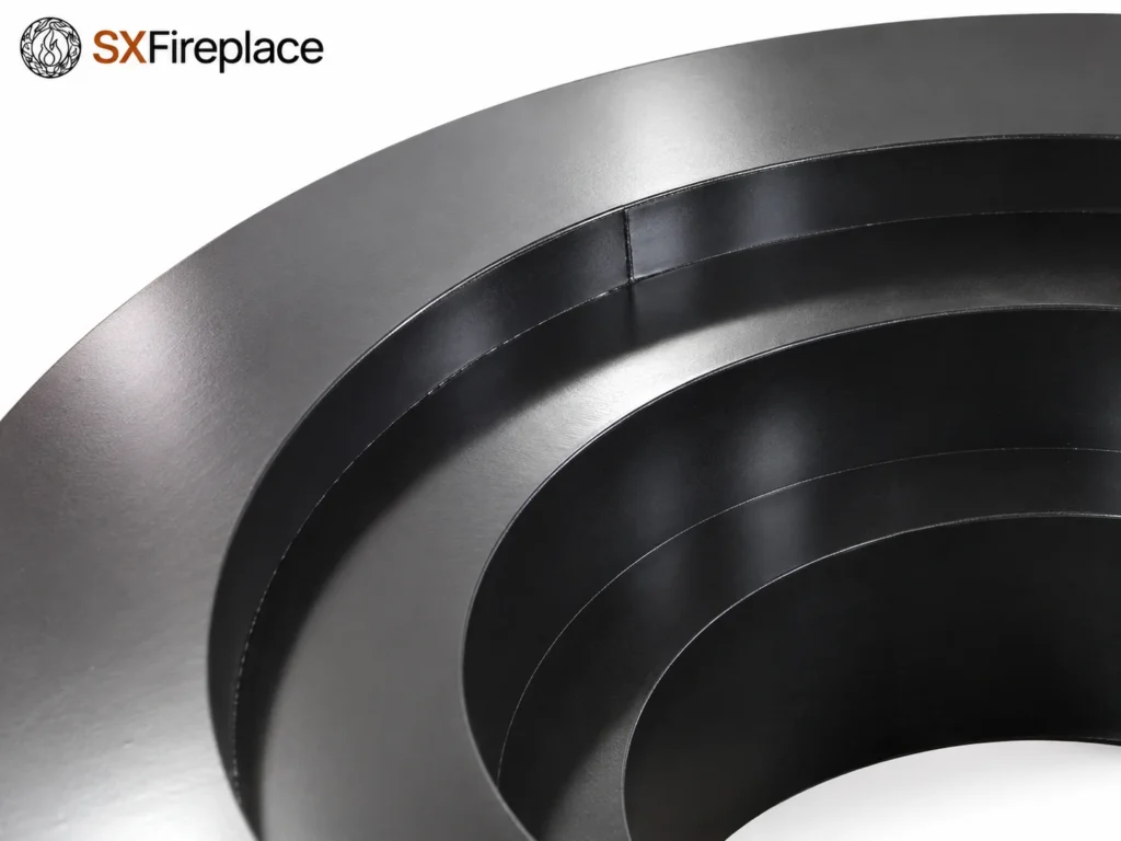 AI-rendered round stepped fireplace outer shell — detail view