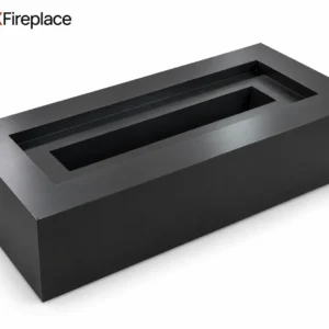 AI-rendered linear fireplace outer shell — white-background product view