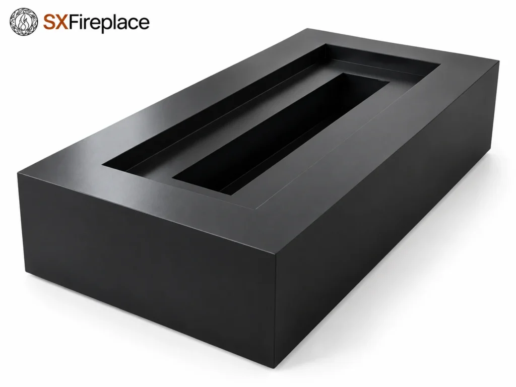 AI-rendered linear fireplace outer shell — detail view