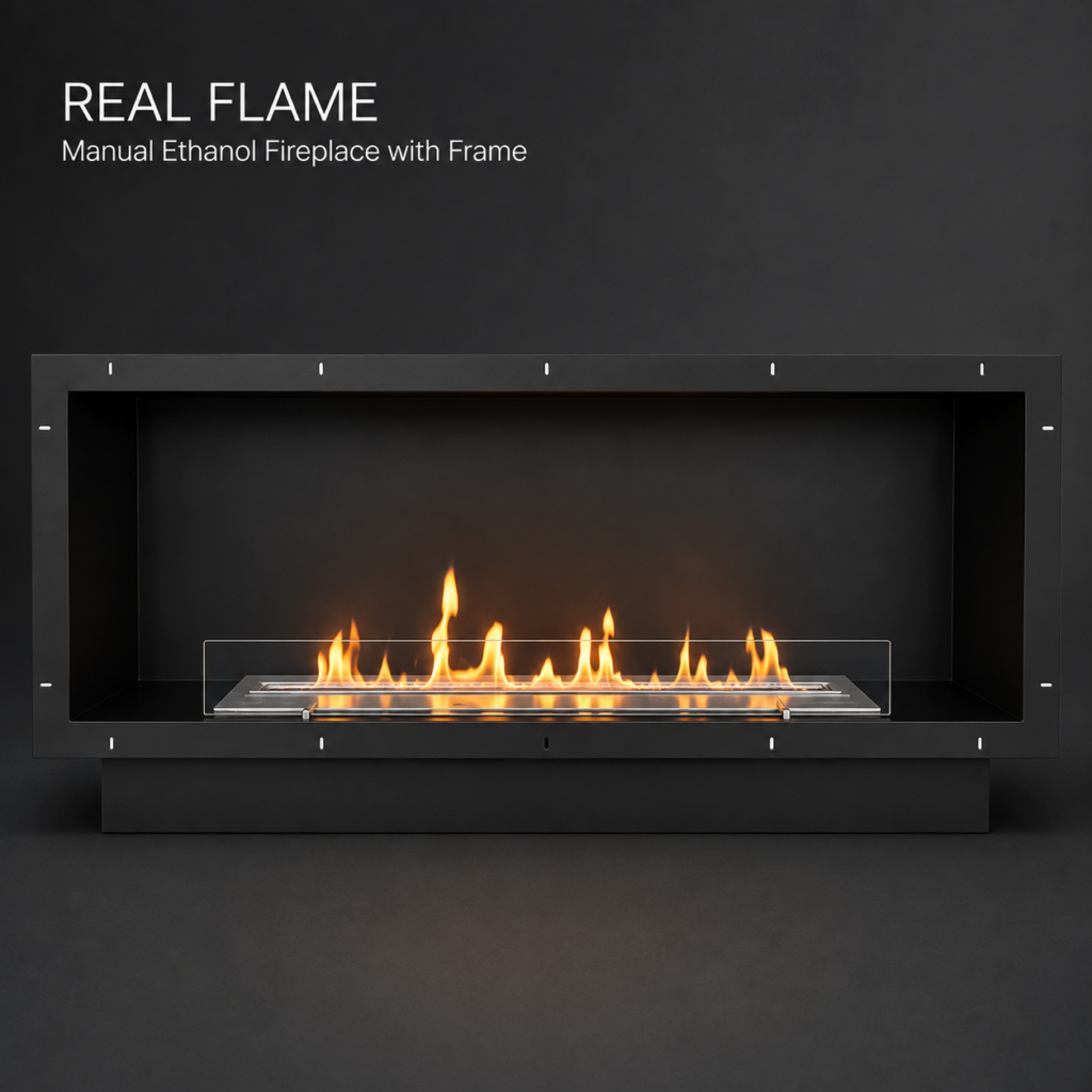 SXFireplace Built-In Manual Bioethanol Fireplace with Black Metal Frame, Stainless Steel Burner and Glass Guard — Product view 2