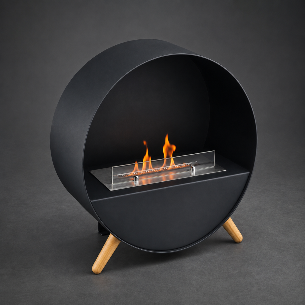 SXFireplace Round Freestanding Manual Bioethanol Fireplace with Glass Guard and Wooden Front Legs — Product view 2