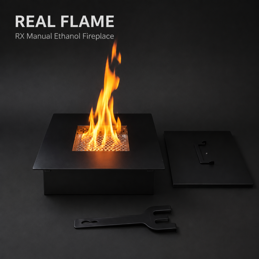 SXFireplace Black Square Manual Bioethanol Burner Insert with Stainless Steel Burning Chamber and Extinguishing Lid — Product view 2