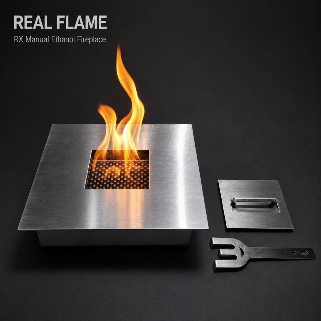SXFireplace Silver Square Manual Bioethanol Burner Insert with Stainless Steel Burning Chamber and Extinguishing Lid — Product view 2