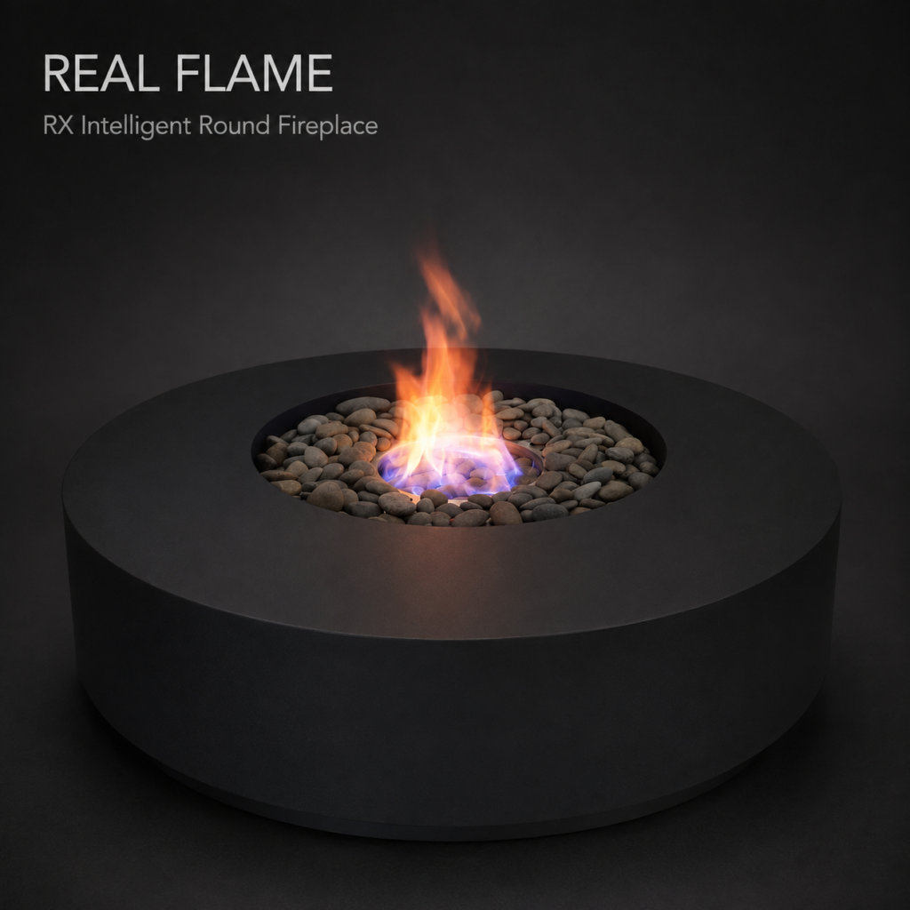 SXFireplace Modern Round Bioethanol Fire Pit Table with Black Finish and Decorative Pebbles — Product view 2