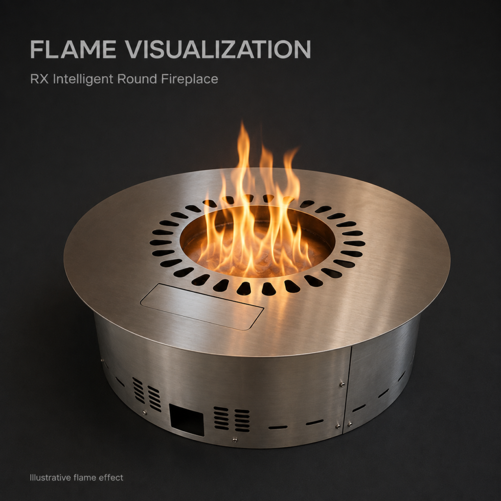 SXFireplace Round Smart Bioethanol Fireplace Insert with Remote Control and Brushed Stainless Steel Finish — Product view 2