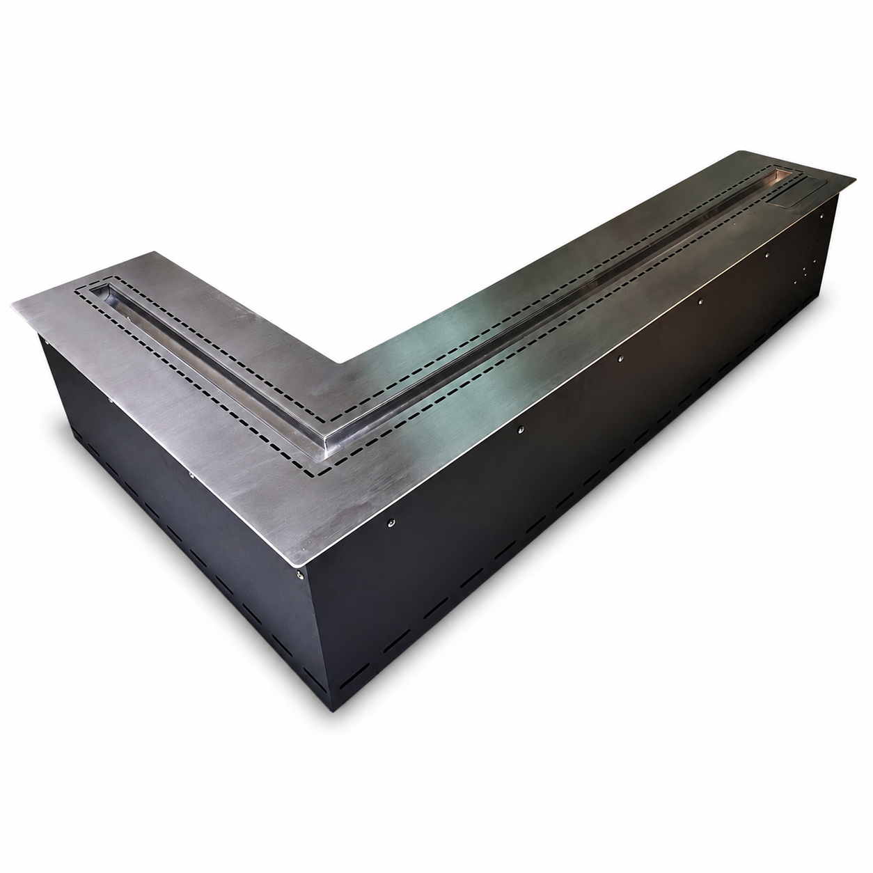 SXRX-X-003 L-shaped smart bioethanol corner insert with stainless steel top and black body