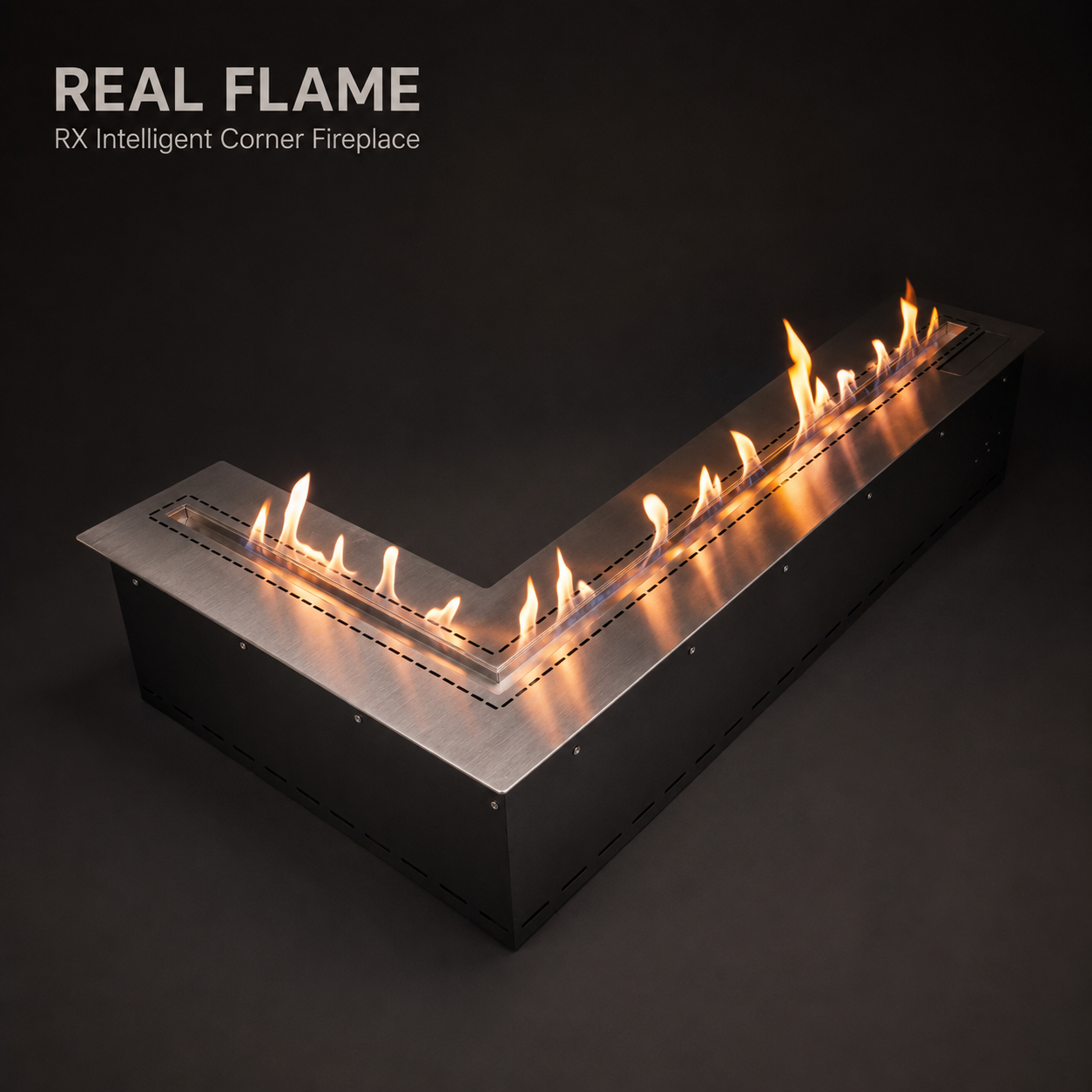Real flame following both legs of an SXRX-X-003 L-shaped smart bioethanol burner
