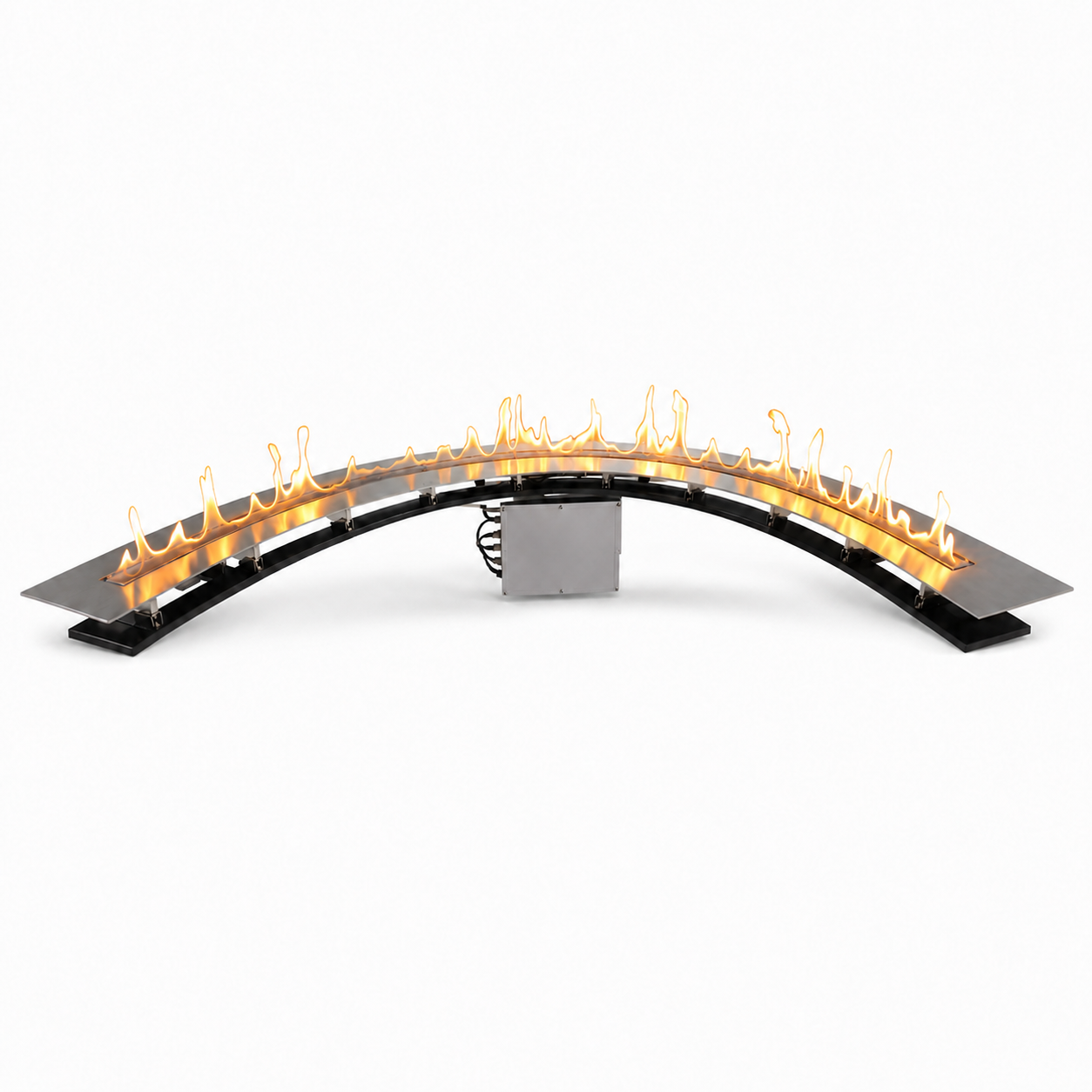 Exposed SXRX-X-004 curved smart bioethanol burner system showing the curved burner line and separate equipment components