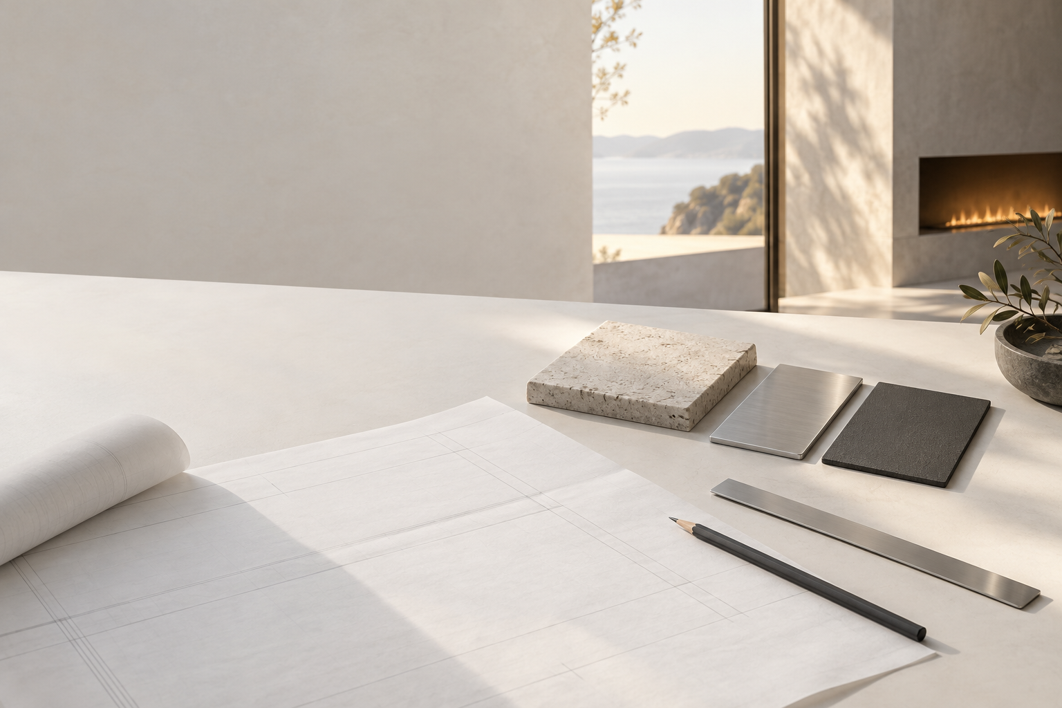 AI-generated architectural planning scene with material samples, blank paper and a pencil