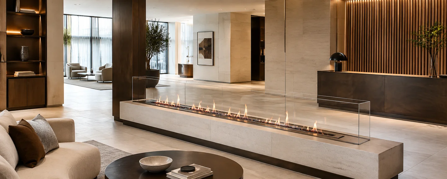Custom linear ethanol fireplace in a refined hospitality lobby