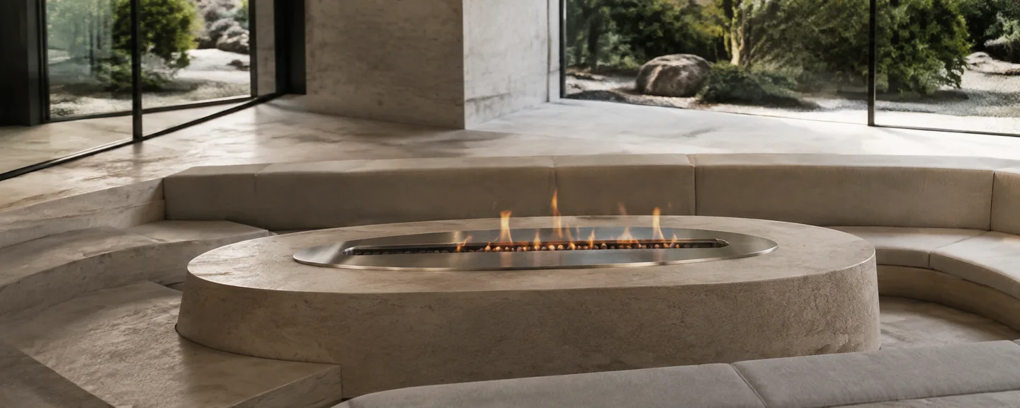 Round intelligent ethanol fireplace in a garden-facing architectural lounge