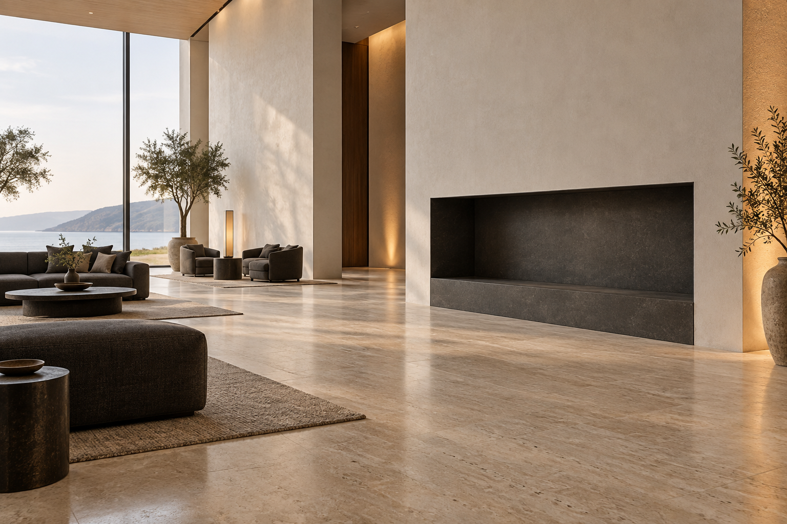AI-generated lounge design concept with neutral stone finishes and an unlit architectural recess