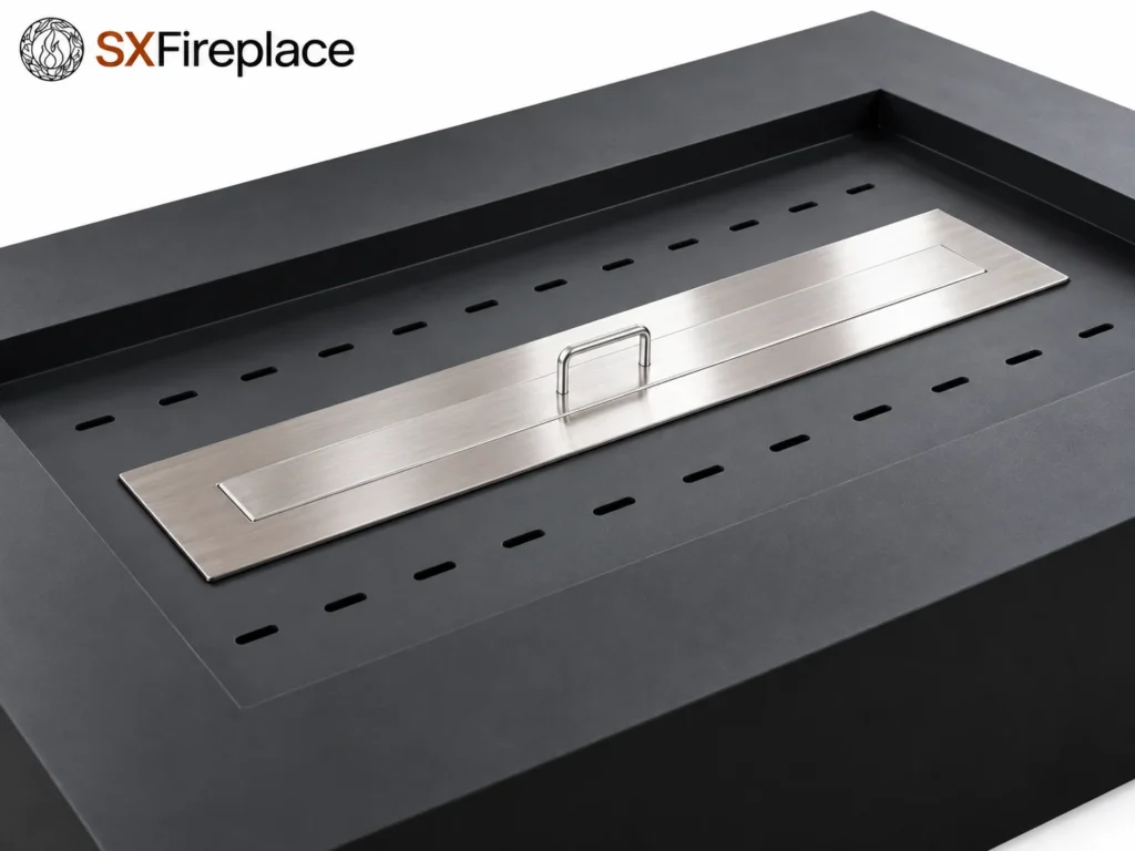 AI-rendered black rectangular manual bioethanol fireplace with cover — detail view