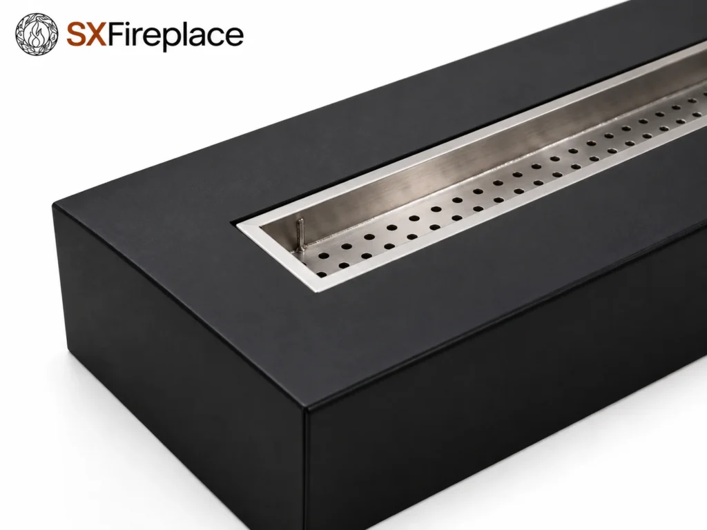 AI-rendered black linear manual bioethanol burner with integrated cover — detail view