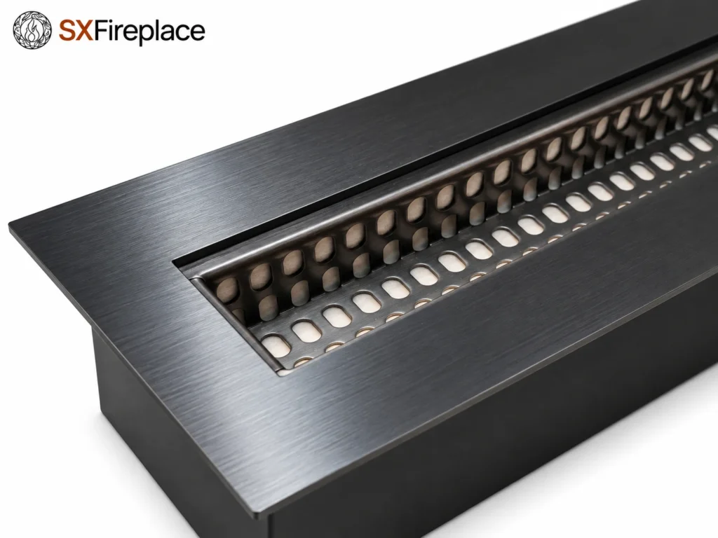 AI-rendered titanium-black linear manual bioethanol burner — detail view