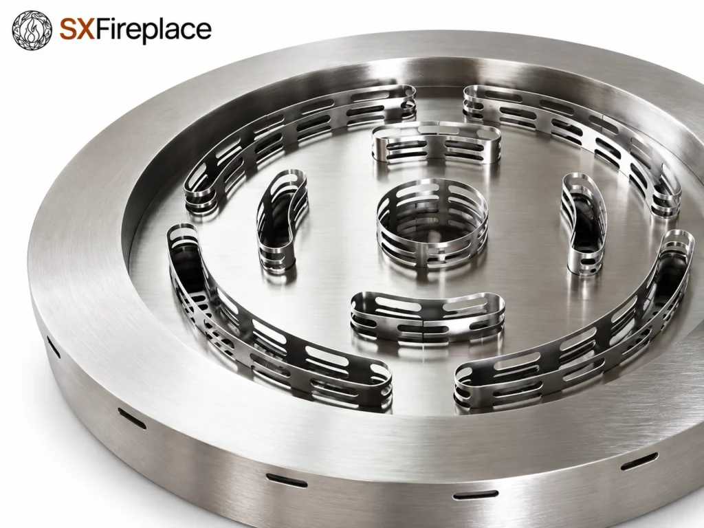 AI-rendered silver nine-slot round manual bioethanol burner — detail view