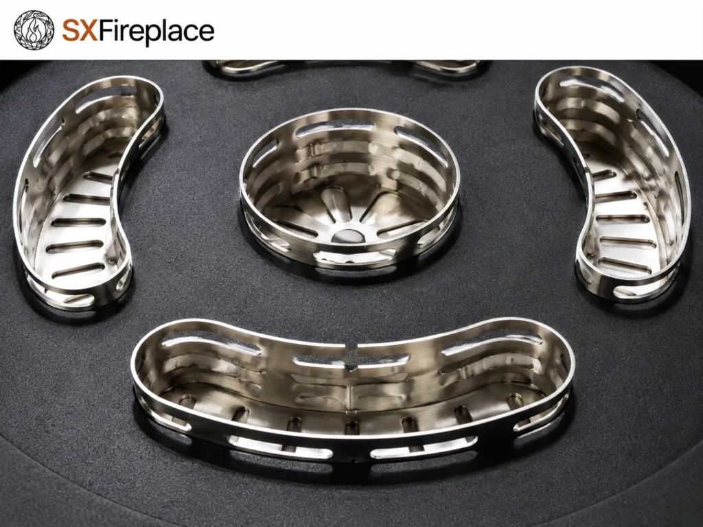 AI-rendered black five-slot round manual bioethanol burner — detail view