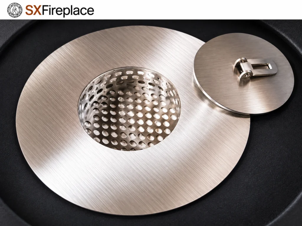 AI-rendered black round manual bioethanol fire table — detail view