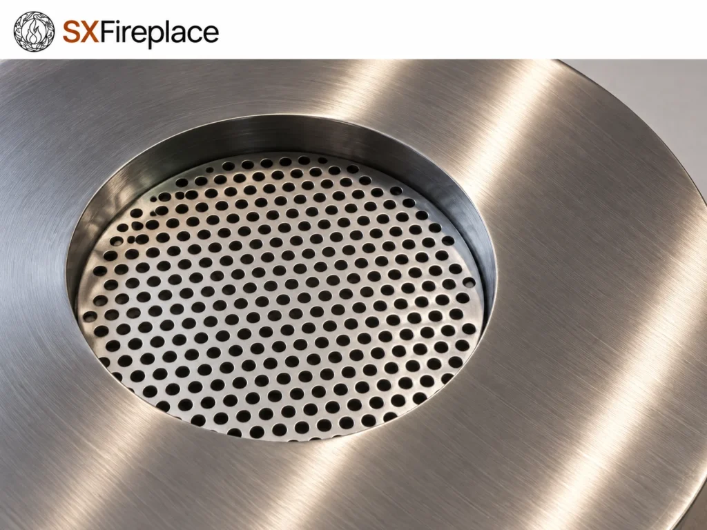 AI-rendered silver round single-slot manual bioethanol burner — detail view