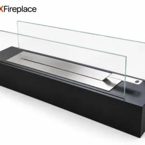 AI-rendered dual-glass linear manual bioethanol fireplace — white-background product view