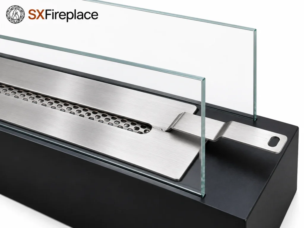 AI-rendered dual-glass linear manual bioethanol fireplace — detail view