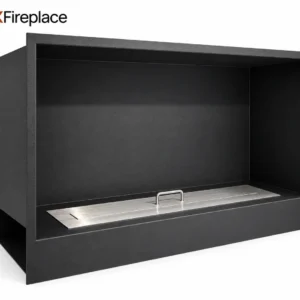 AI-rendered black framed manual bioethanol fireplace — white-background product view