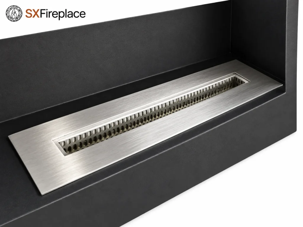 AI-rendered black framed manual bioethanol fireplace — detail view