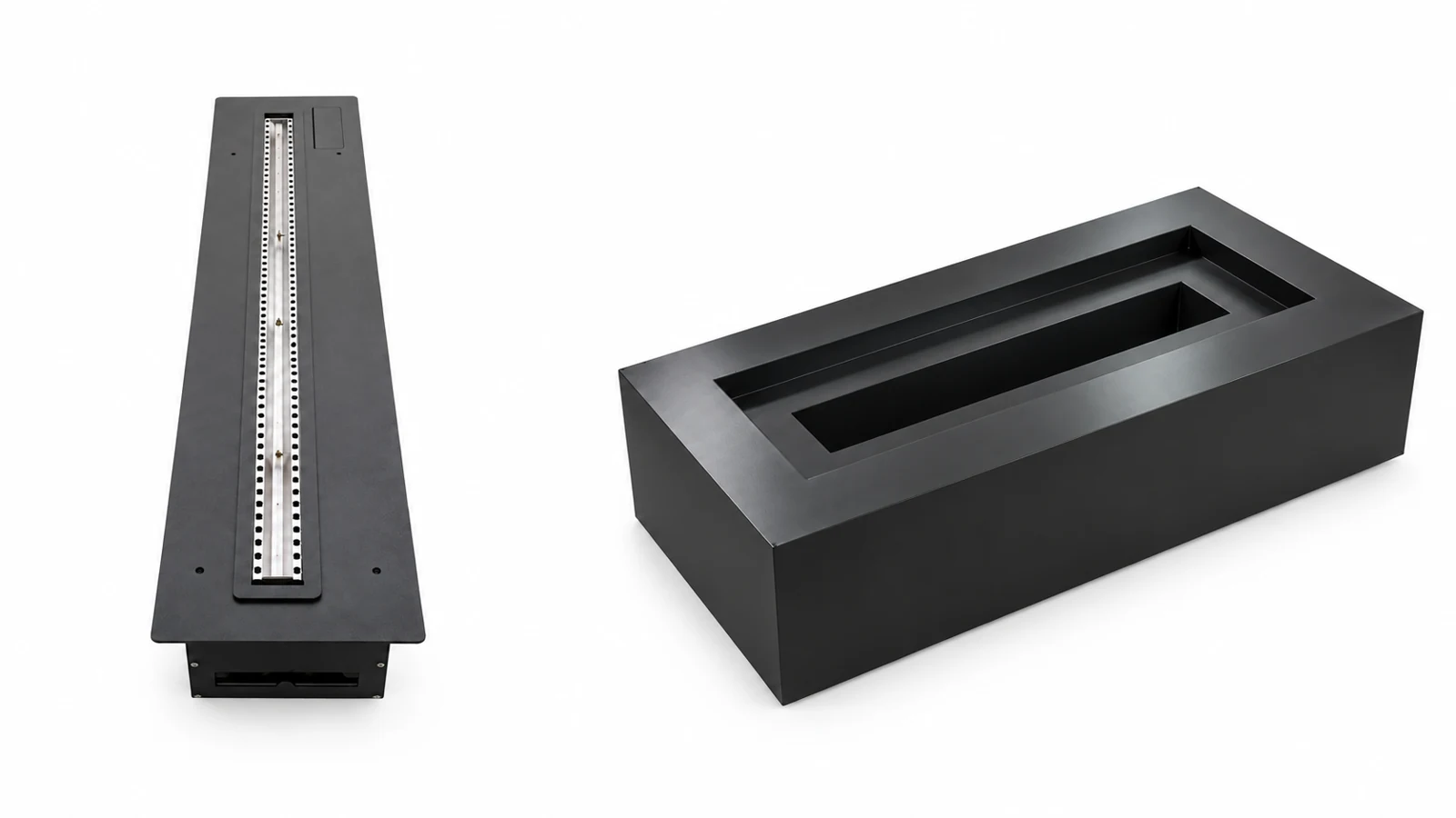 AI composite showing a black linear burner separately from an empty rectangular shell