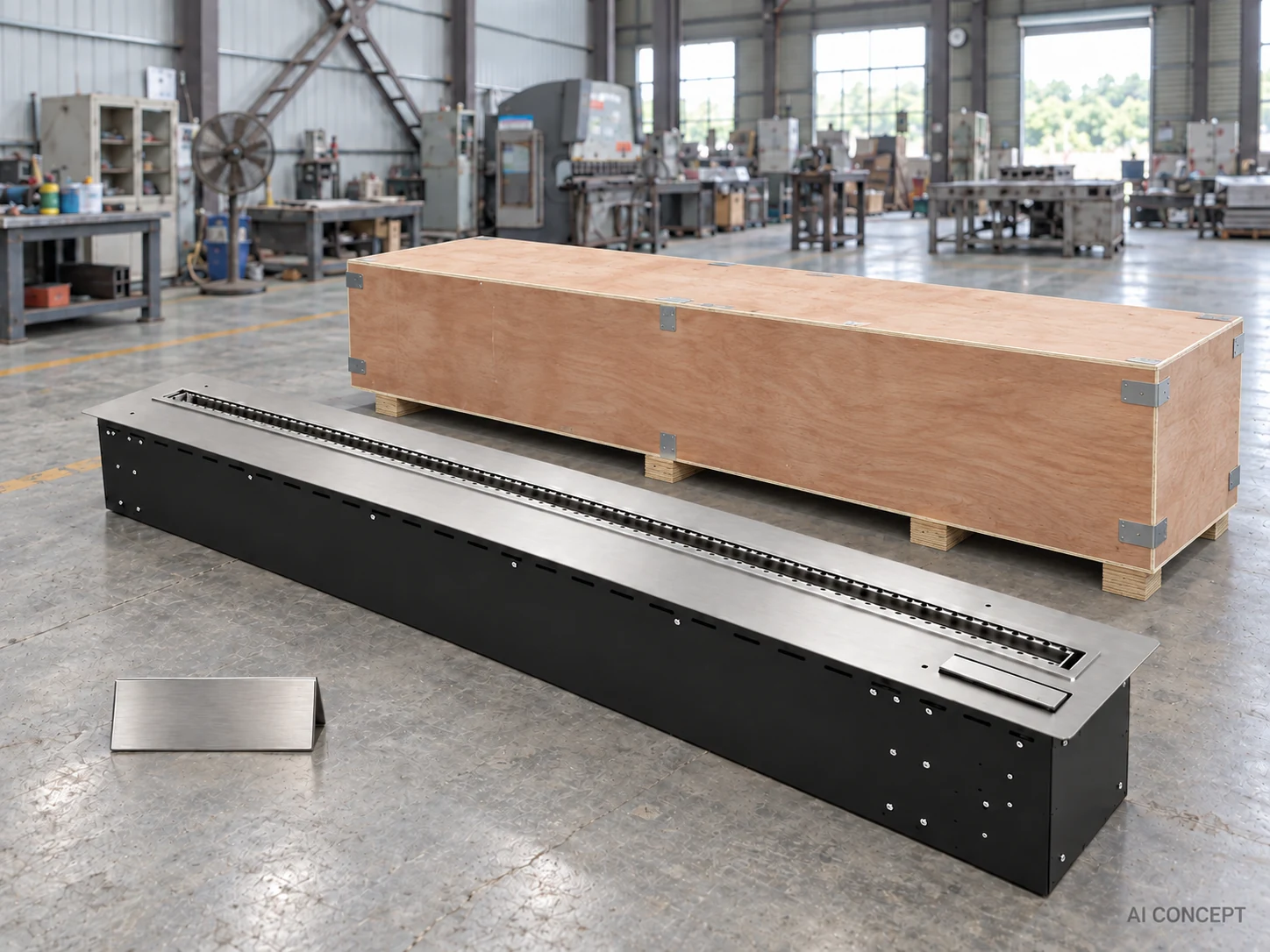 AI OEM concept with an unlit linear burner and a plywood packing case on the factory floor