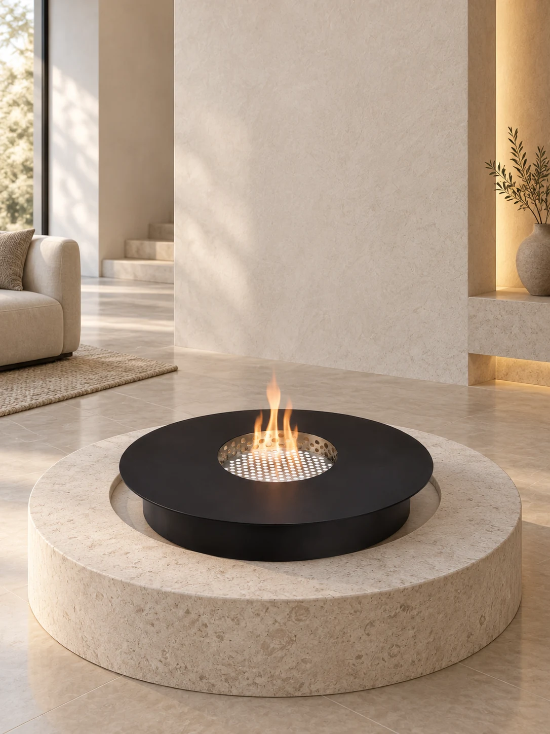 AI spatial concept of a black round manual ethanol burner in a neutral stone setting