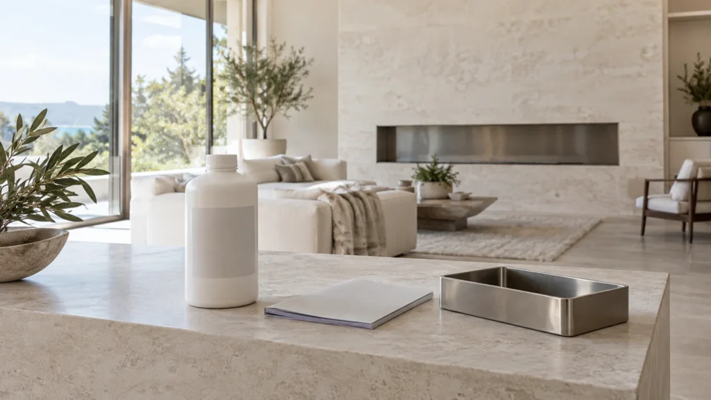 Closed unbranded bottle, booklet and metal tray on a stone console, with an unlit fireplace behind.