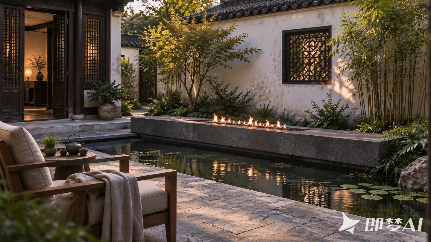 Linear fireplace beside a reflecting pool in a landscaped courtyard