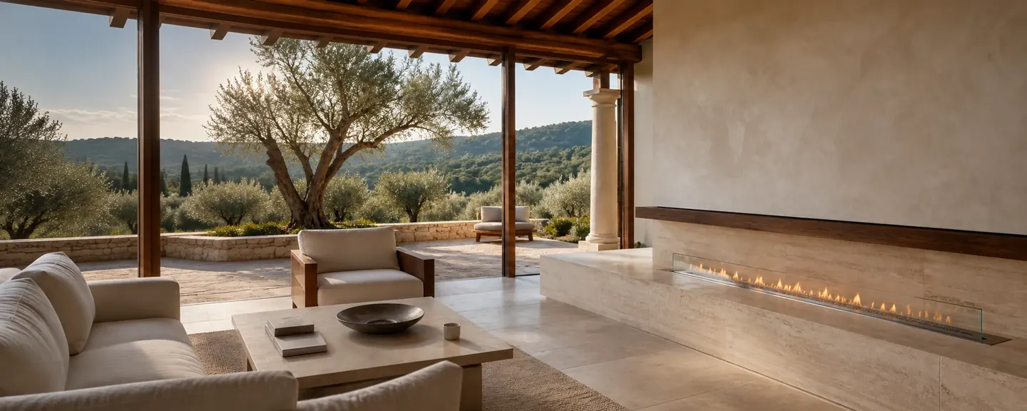Linear ethanol fireplace in a warm stone lounge overlooking an olive garden