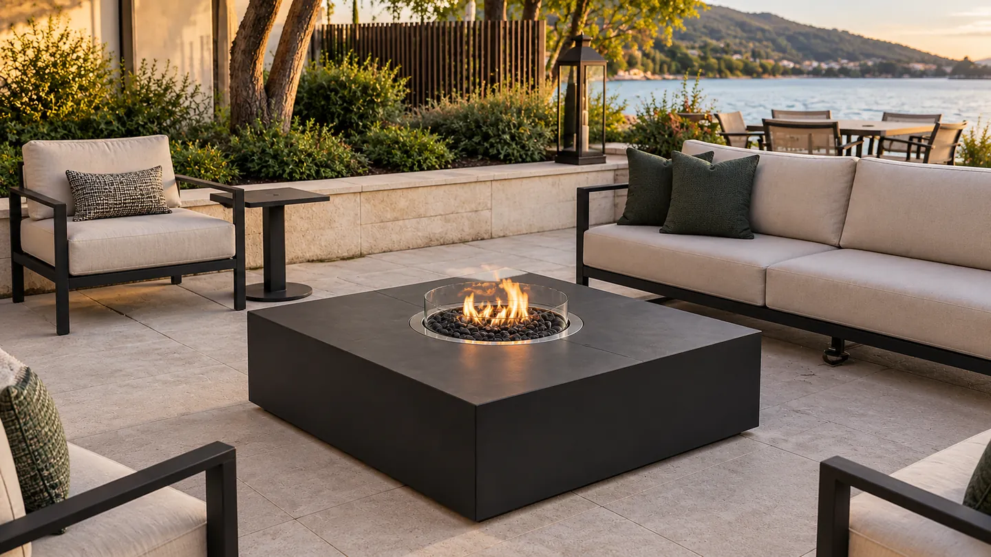 Round burner in a square fire table on a terrace overlooking the water