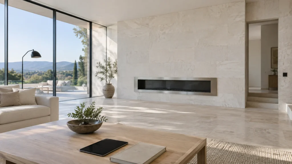 Bright modern living room with an unlit linear fireplace and a dark-screen tablet on an oak table.