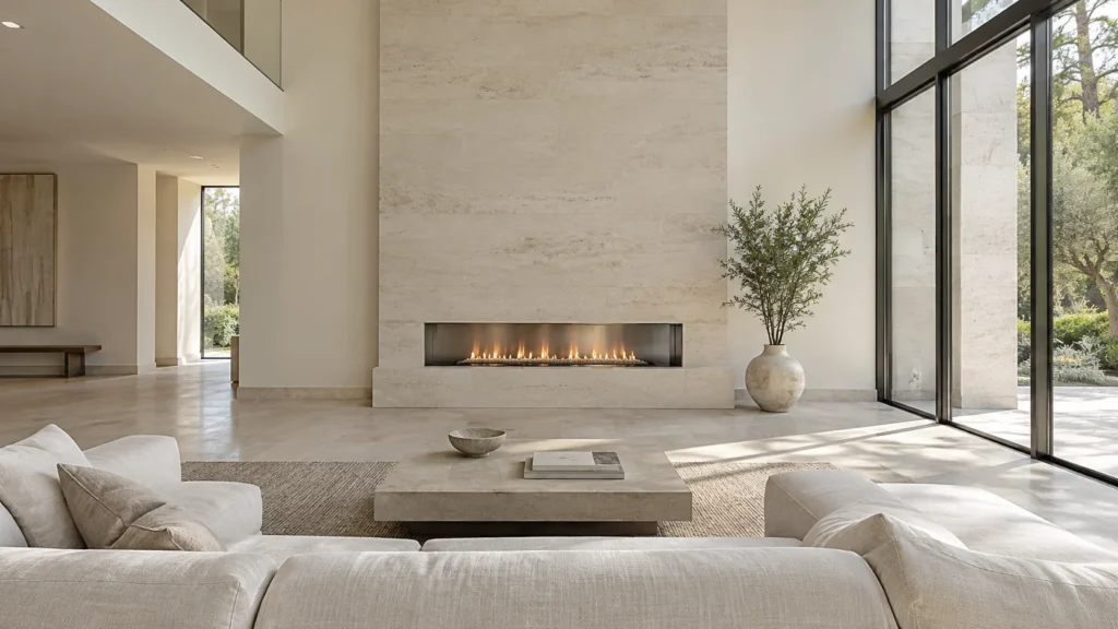 Sunlit living room with a limestone fireplace wall, a small flame line and ivory seating.