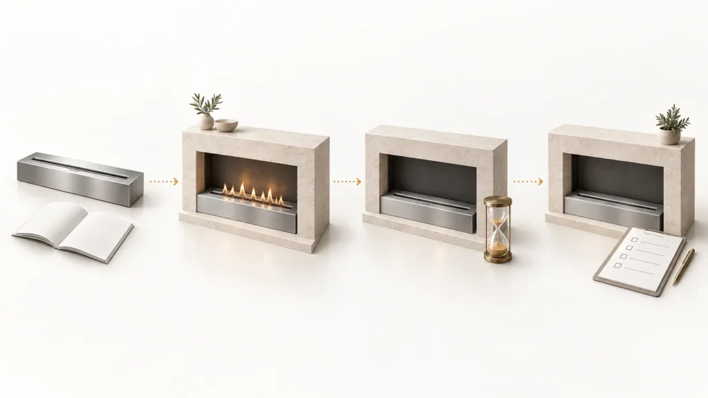 Concept sequence showing a manual, a supervised flame, an extinguished burner and a waiting hourglass.
